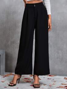SHEIN Privé Pantalones de pierna ancha con fruncido - Negro - Ver 1