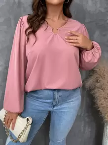 SHEIN LUNE Plus Ring Linked Lantern Sleeve Blouse - Dusty Pink - View 1
