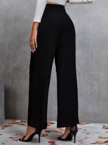 SHEIN Privé Pantalones de pierna ancha con fruncido - Negro - Ver 2