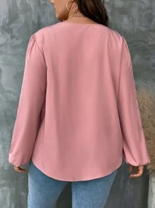 SHEIN LUNE Plus Ring Linked Lantern Sleeve Blouse - Dusty Pink - View 2