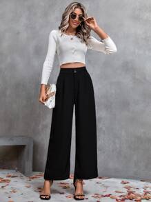 SHEIN Privé Pantalones de pierna ancha con fruncido - Negro - Ver 3