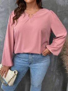SHEIN LUNE Plus Ring Linked Lantern Sleeve Blouse - Dusty Pink - View 3