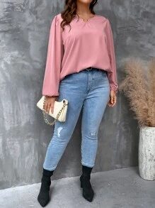 SHEIN LUNE Plus Ring Linked Lantern Sleeve Blouse - Dusty Pink - View 4