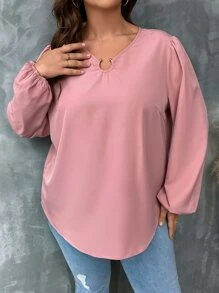 SHEIN LUNE Plus Ring Linked Lantern Sleeve Blouse - Dusty Pink - View 5