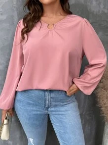 SHEIN LUNE Plus Ring Linked Lantern Sleeve Blouse - Dusty Pink - View 6