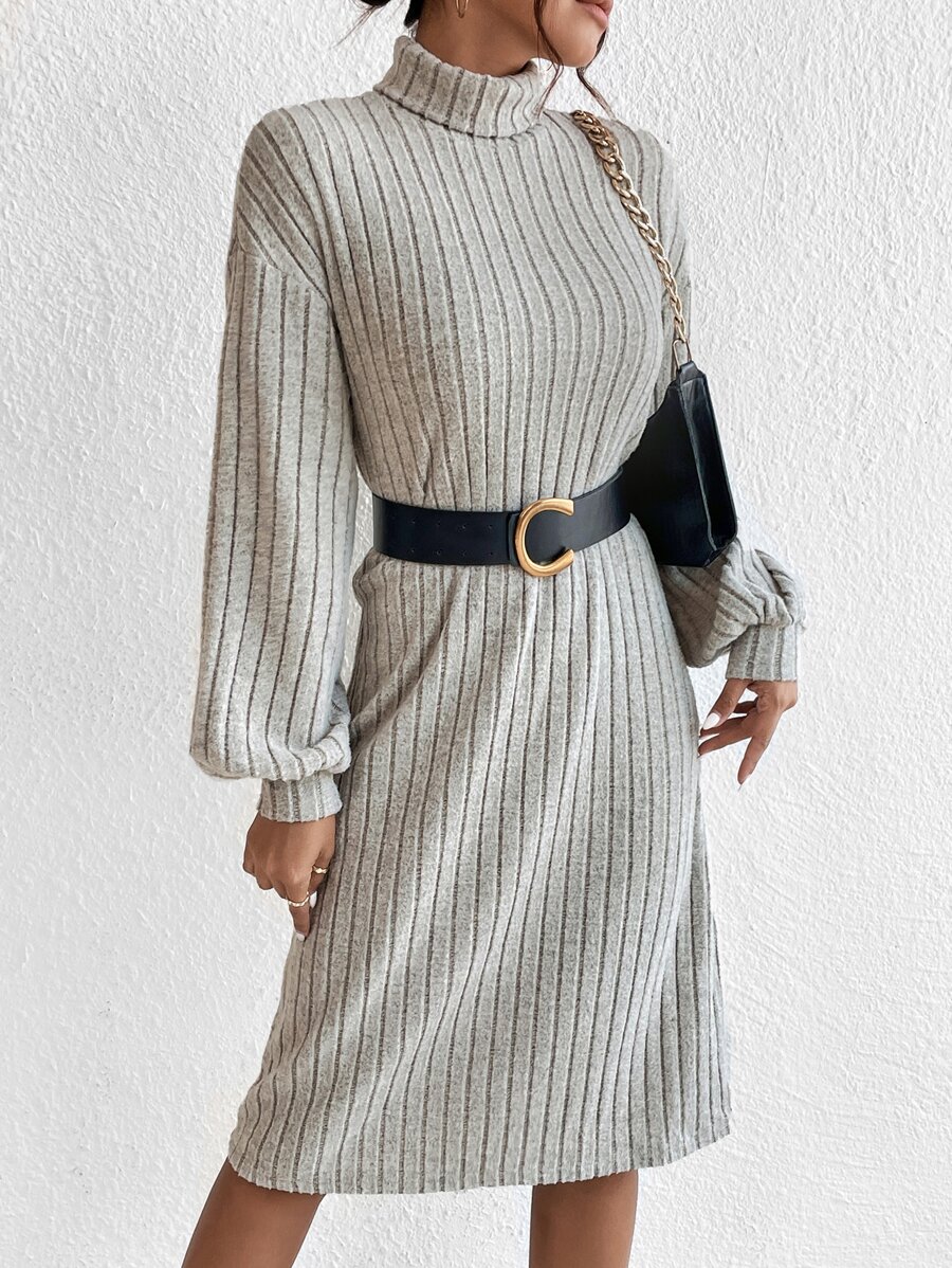 SHEIN Essnce High Neck Ribbed Knit Dress Without Belt - Light Grey - View 1