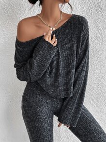 SHEIN Essnce Scoop Neck Drop Shoulder Tee & Leggings - Black - View 3