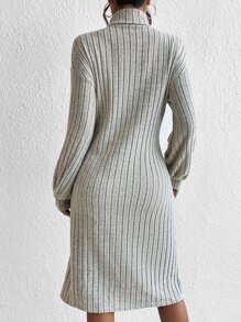 SHEIN Essnce High Neck Ribbed Knit Dress Without Belt - Light Grey - View 2
