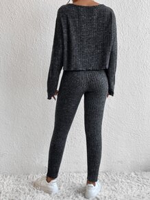 SHEIN Essnce Scoop Neck Drop Shoulder Tee & Leggings - Black - View 2