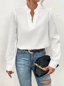 SHEIN Frenchy Solid Notched Neck Puff Sleeve Blouse Winter White White - White - View 1