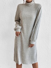 SHEIN Essnce High Neck Ribbed Knit Dress Without Belt - Light Grey - View 3