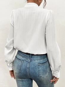SHEIN Frenchy Solid Notched Neck Puff Sleeve Blouse Winter White White - White - View 2