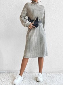 SHEIN Essnce High Neck Ribbed Knit Dress Without Belt - Light Grey - View 4
