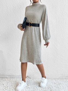 SHEIN Essnce High Neck Ribbed Knit Dress Without Belt - Light Grey - View 5