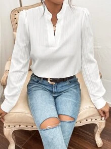 SHEIN Frenchy Solid Notched Neck Puff Sleeve Blouse Winter White White - White - View 5
