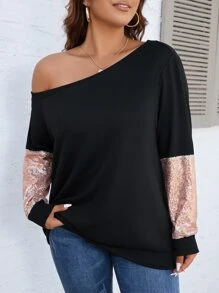 SHEIN Clasi Plus Contrast Sequin Asymmetrical Neck Sweatshirt - Black - View 1