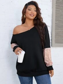 SHEIN Clasi Plus Contrast Sequin Asymmetrical Neck Sweatshirt - Black - View 3