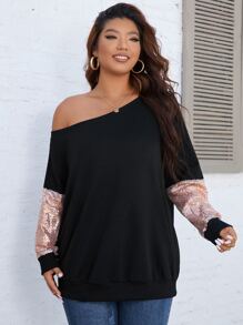 SHEIN Clasi Plus Contrast Sequin Asymmetrical Neck Sweatshirt - Black - View 4
