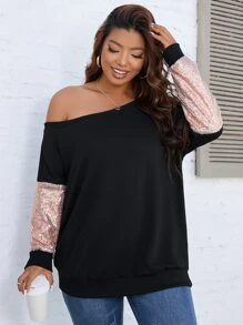 SHEIN Clasi Plus Contrast Sequin Asymmetrical Neck Sweatshirt - Black - View 6
