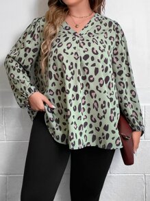 SHEIN LUNE Plus Allover Print Lantern Sleeve Blouse - Mint Green - View 1