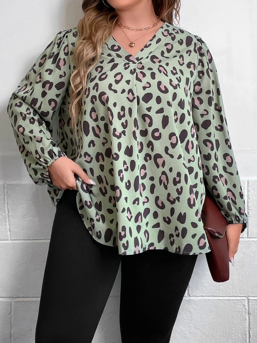 SHEIN LUNE Plus Allover Print Lantern Sleeve Blouse - Mint Green - View 1