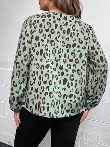 SHEIN LUNE Plus Allover Print Lantern Sleeve Blouse - Mint Green - View 2