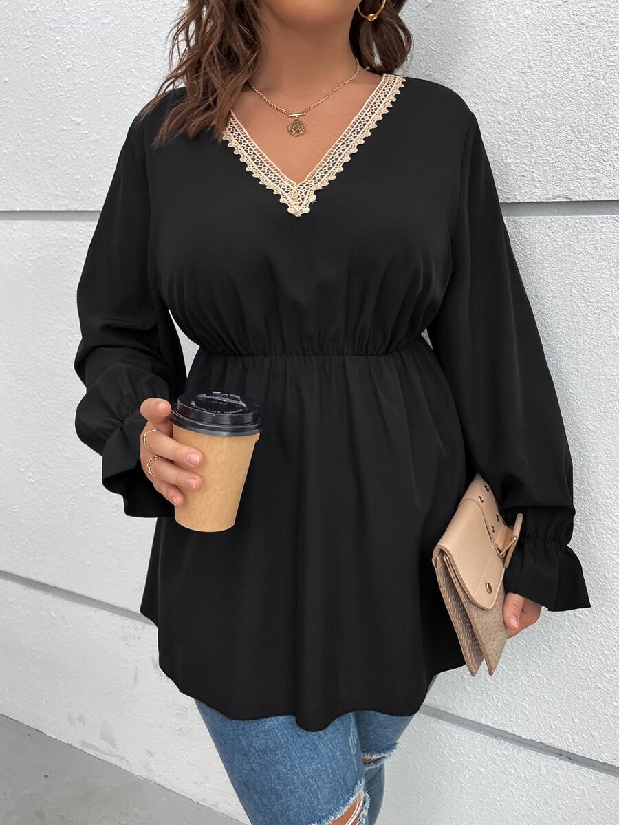 Flirla Plus Guipure Lace Insert Flounce Sleeve Peplum Blouse - Black - View 1