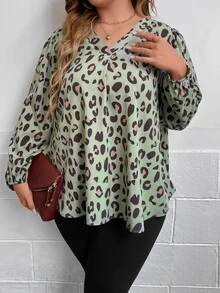 SHEIN LUNE Plus Allover Print Lantern Sleeve Blouse - Mint Green - View 3
