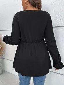 Flirla Plus Guipure Lace Insert Flounce Sleeve Peplum Blouse - Black - View 2