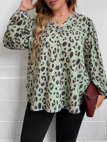 SHEIN LUNE Plus Allover Print Lantern Sleeve Blouse - Mint Green - View 4
