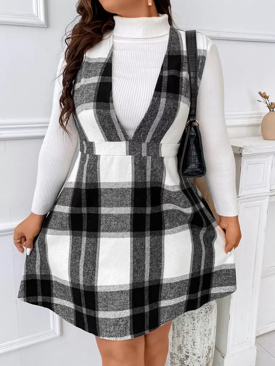 Calvaya Plus Plaid Print Sleeveless Dress Without Top - Black and White - View 1