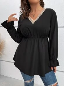 Flirla Plus Guipure Lace Insert Flounce Sleeve Peplum Blouse - Black - View 4
