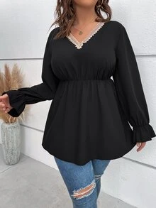Flirla Plus Guipure Lace Insert Flounce Sleeve Peplum Blouse - Black - View 5