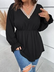 Flirla Plus Guipure Lace Insert Flounce Sleeve Peplum Blouse - Black - View 6