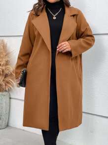 SHEIN LUNE Plus Lapel Neck Slant Pocket Overcoat - Brown - View 2