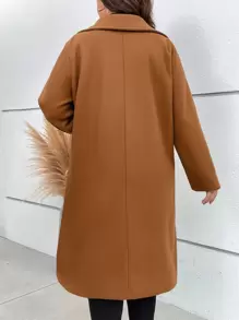 SHEIN LUNE Plus Lapel Neck Slant Pocket Overcoat - Brown - View 3