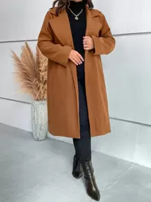SHEIN LUNE Plus Lapel Neck Slant Pocket Overcoat - Brown - View 4