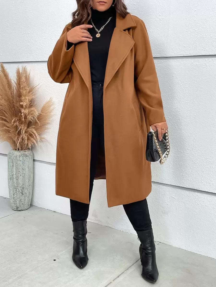 SHEIN LUNE Plus Lapel Neck Slant Pocket Overcoat - Brown - View 1