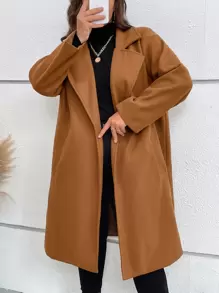 SHEIN LUNE Plus Lapel Neck Slant Pocket Overcoat - Brown - View 6