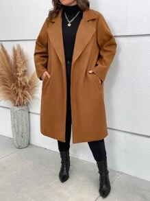 SHEIN LUNE Plus Lapel Neck Slant Pocket Overcoat - Brown - View 7