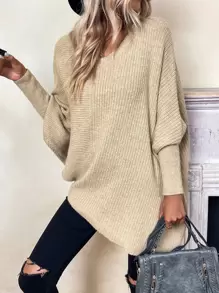 SHEIN LUNE Batwing Sleeve Asymmetrical Hem Jumper - Khaki - View 1