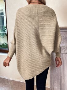 SHEIN LUNE Batwing Sleeve Asymmetrical Hem Jumper - Khaki - View 2