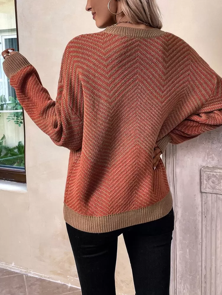 Chevron Pattern Drop Shoulder Sweater,Long Sleeve Tops