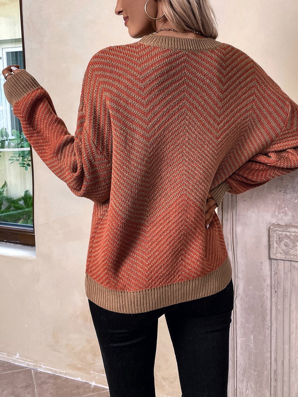 Chevron Pattern Drop Shoulder Sweater,Long Sleeve Tops