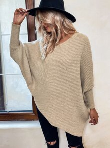 SHEIN LUNE Batwing Sleeve Asymmetrical Hem Jumper - Khaki - View 3