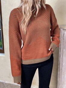 EMERY ROSE 人字形图案落肩毛衣，长袖上衣 - 彩色 - 查看 3