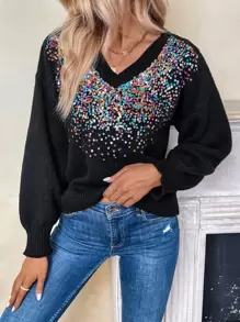SHEIN Clasi Contrast Sequin Drop Shoulder Jumper - Black - View 1