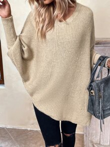 SHEIN LUNE Batwing Sleeve Asymmetrical Hem Jumper - Khaki - View 4