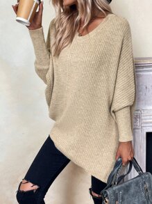 SHEIN LUNE Batwing Sleeve Asymmetrical Hem Jumper - Khaki - View 5