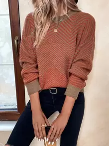 EMERY ROSE 人字形图案落肩毛衣，长袖上衣 - 彩色 - 查看 6